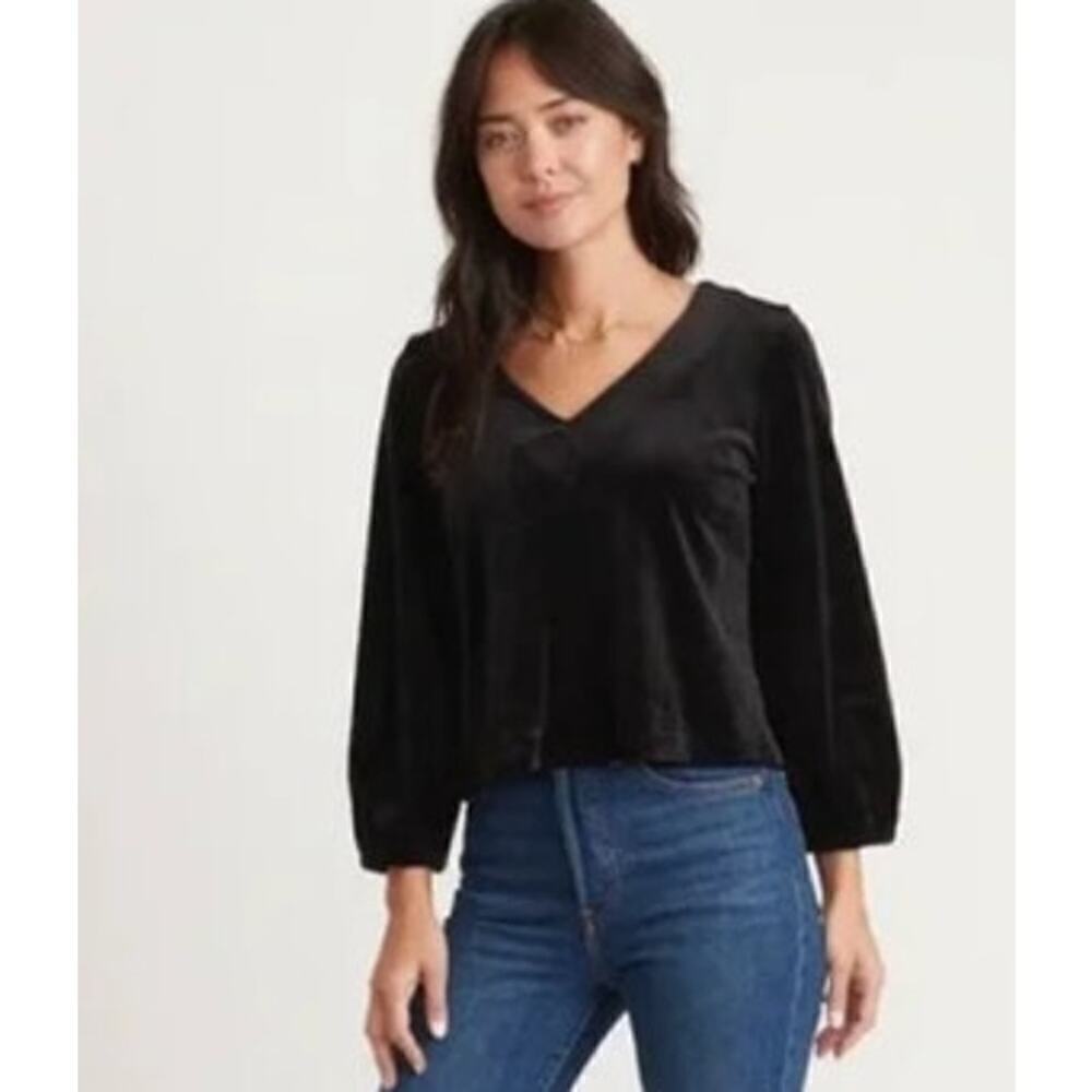 Marine Layer Jasmine Top Velour Long Sleeve V-Neck Blouse Black NWT Small